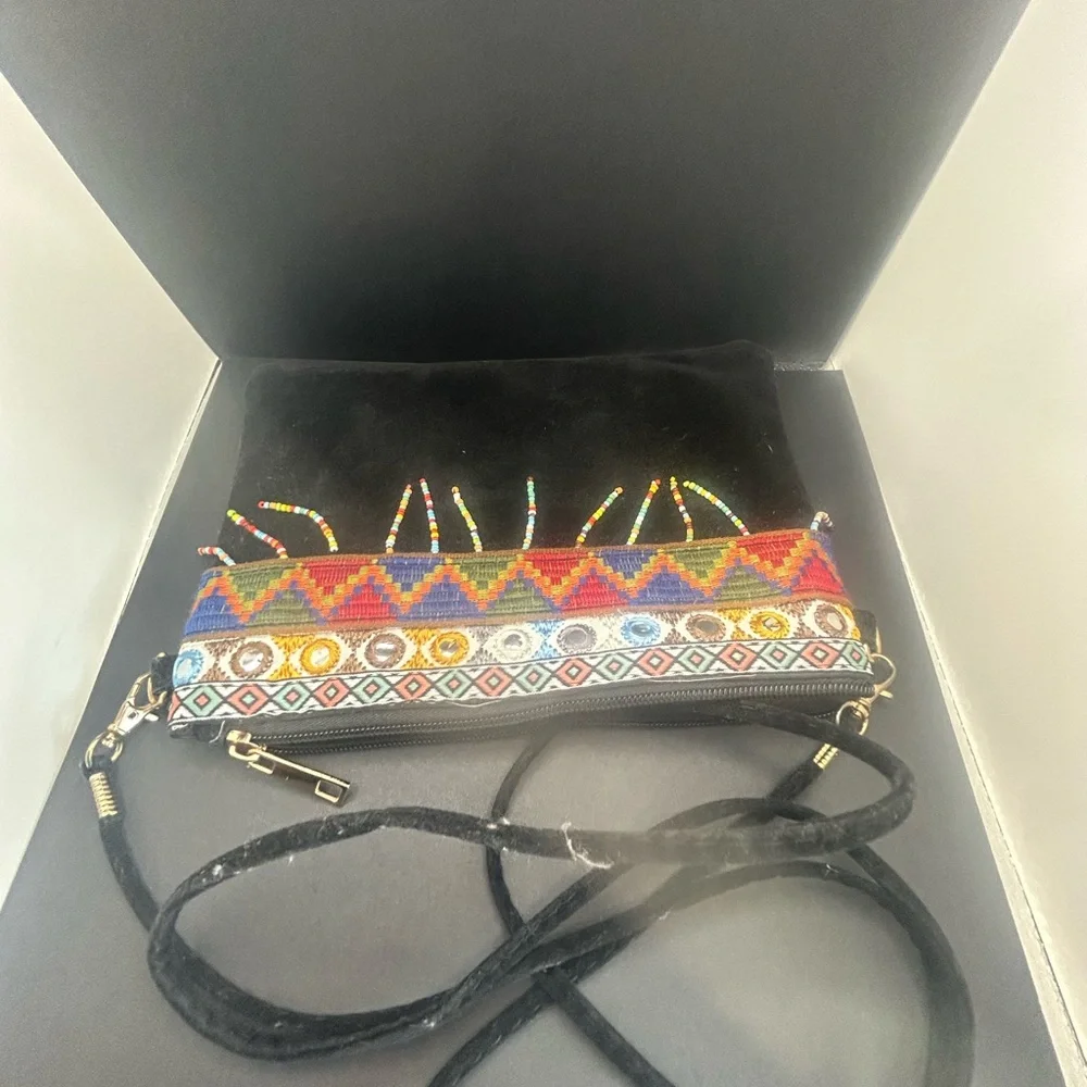 Boho Black Suede Crossbody Bag with Multicolor Beaded Trim - Picture 11 of 14